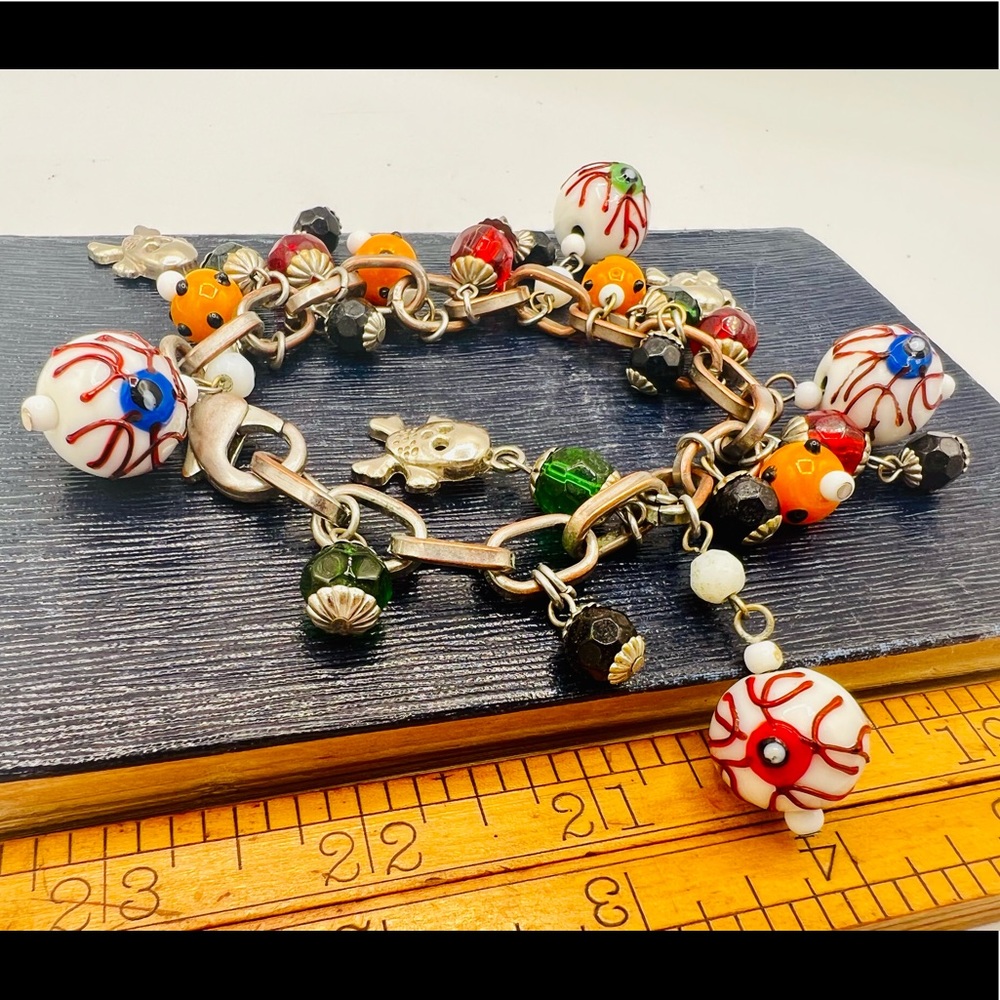 Artisan Halloween bracelet eyeballs skulls glass beads handcrafted